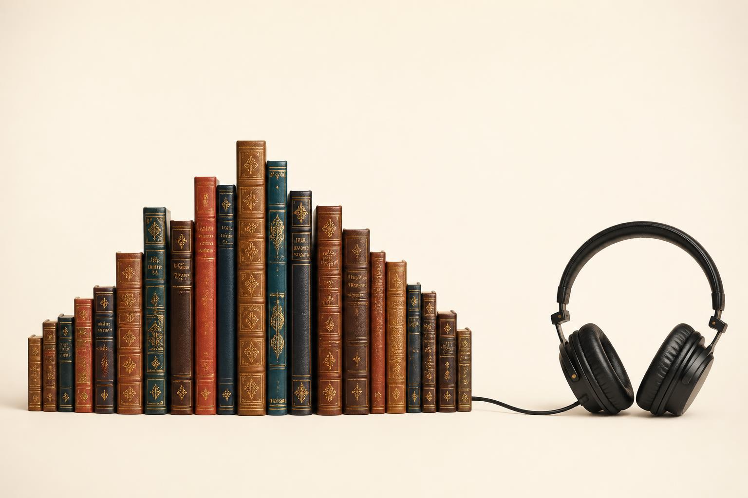 Vintage books arranged in a soundwave pattern connected to headphones