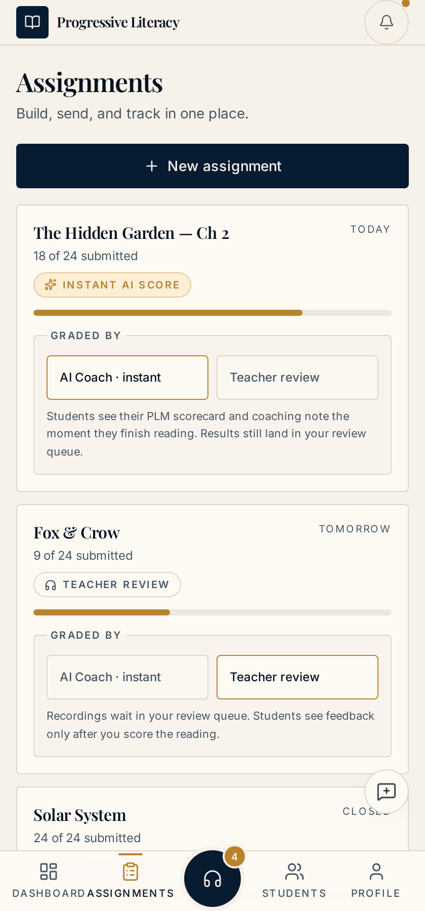 Assignment builder screen listing passages, due dates and grading modes