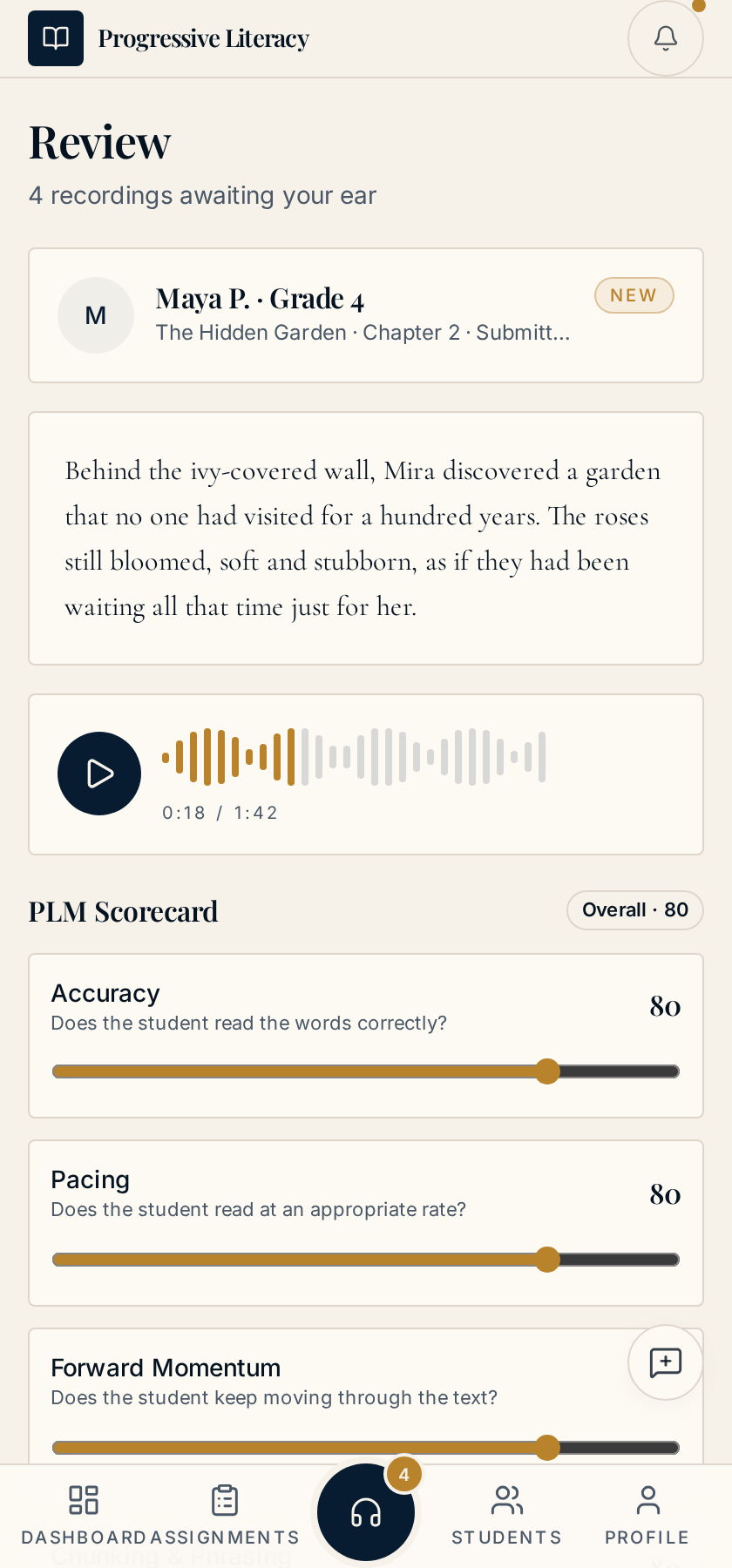 Review screen with audio player, passage text and behavior scoring sliders